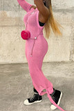 Pink Fashion Sexy Solid Patchwork Frenulum O Neck Irregular Dress Dresses