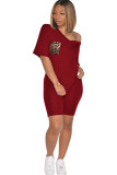 Red Sexy Fashion Ma'am adult Leopard Two Piece Suits Patchwork Straight Short Sleeve Two-Piec
