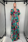 Green Casual Print Patchwork V Neck Waist Skirt Dresses