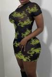 Black Sexy Print Patchwork See-through O Neck Pencil Skirt Dresses