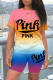 Pink Casual Gradual Change Letter Print Patchwork O Neck Short Sleeve Two Pieces