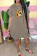 Brown Fashion Casual Print Basic O Neck Short Sleeve Dress