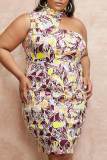 Multicolor Sexy Print Patchwork Asymmetrical O Neck One Step Skirt Dresses