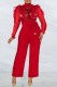 Red Fashion Sexy Letter Patchwork See-through O Neck Jumpsuits
