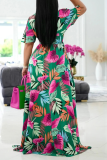 Green Casual Print Patchwork V Neck Waist Skirt Dresses
