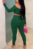 Dark green Fashion Sexy adult Ma'am Patchwork Solid Two Piece Suits pencil Long Sleeve Two Pieces