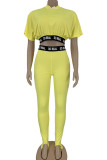 Yellow Milk Silk Fashion Sexy adult Ma'am Letter Patchwork Two Piece Suits pencil Short Sleeve Two Pieces
