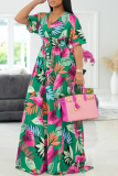 Green Casual Print Patchwork V Neck Waist Skirt Dresses