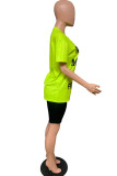 Fluorescent green Fashion adult Ma'am Street Letter Patchwork Print Two Piece Suits Straight Short Sleeve Two Pieces
