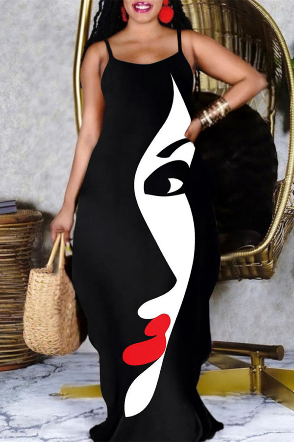 Black Sexy Casual Print Backless Spaghetti Strap Long Dress