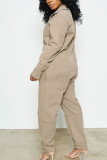 Khaki Fashion street Solid Long Sleeve Turndown Collar Jumpsuits