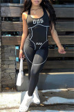 Black Casual Sportswear Print Patchwork Backless U Neck Skinny Jumpsuits