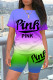 Blue Casual Gradual Change Letter Print Patchwork O Neck Short Sleeve Two Pieces