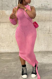 Pink Fashion Sexy Solid Patchwork Frenulum O Neck Irregular Dress Dresses