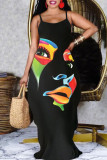Black Sexy Casual Print Backless Spaghetti Strap Long Dress