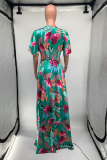 Green Casual Print Patchwork V Neck Waist Skirt Dresses
