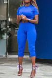 Blue Fashion Casual Solid Hollowed Out O Neck Short Sleeve Two Pieces