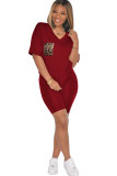 Wine Red Sexy Fashion Ma'am adult Leopard Two Piece Suits Patchwork Straight Short Sleeve Two-Piec