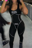 Black Casual Sportswear Print Patchwork Backless U Neck Skinny Jumpsuits