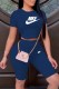 Tibetan Blue Fashion Sexy Print Letter O Neck Short Sleeve Two Pieces