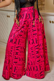 Red Casual Print Patchwork Loose High Waist Wide Leg Full Print Bottoms