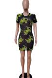 Black Sexy Print Patchwork See-through O Neck Pencil Skirt Dresses