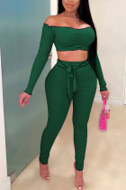 Dark green Fashion Sexy adult Ma'am Patchwork Solid Two Piece Suits pencil Long Sleeve Two Pieces