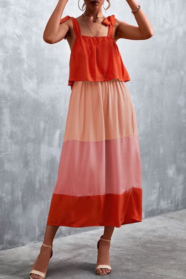 Orange Pink Casual Solid Bandage Patchwork Flounce Spaghetti Strap Straight Dresses