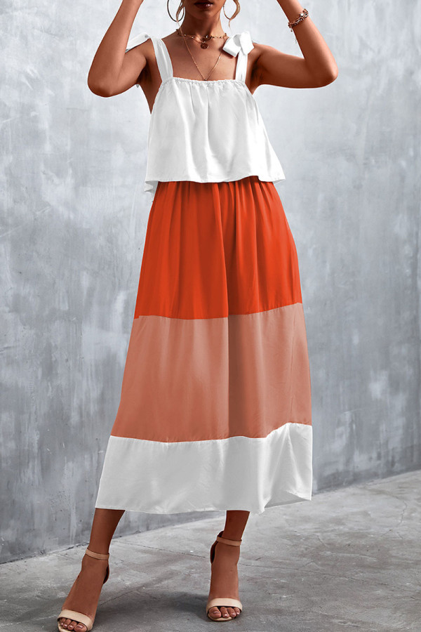 Orange Apricot Casual Solid Bandage Patchwork Flounce Spaghetti Strap Straight Dresses