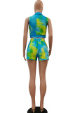 Cyan Fashion Casual adult Ma'am Patchwork Print Tie Dye Two Piece Suits pencil Sleeveless Two Pieces