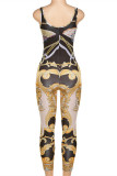 Brown Fashion Sexy Print Backless U Neck Skinny Jumpsuits