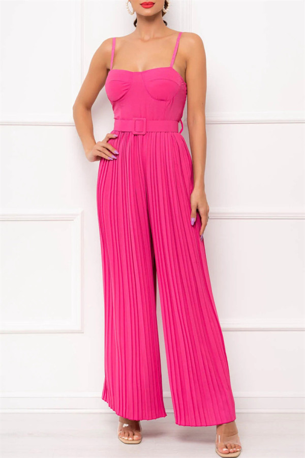 Rose Red Sexy Casual Solid Backless Spaghetti Strap Regular Jumpsuits