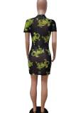 Black Sexy Print Patchwork See-through O Neck Pencil Skirt Dresses