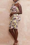 Multicolor Sexy Print Patchwork Asymmetrical O Neck One Step Skirt Dresses