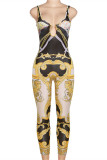 Brown Fashion Sexy Print Backless U Neck Skinny Jumpsuits
