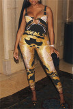 Brown Fashion Sexy Print Backless U Neck Skinny Jumpsuits