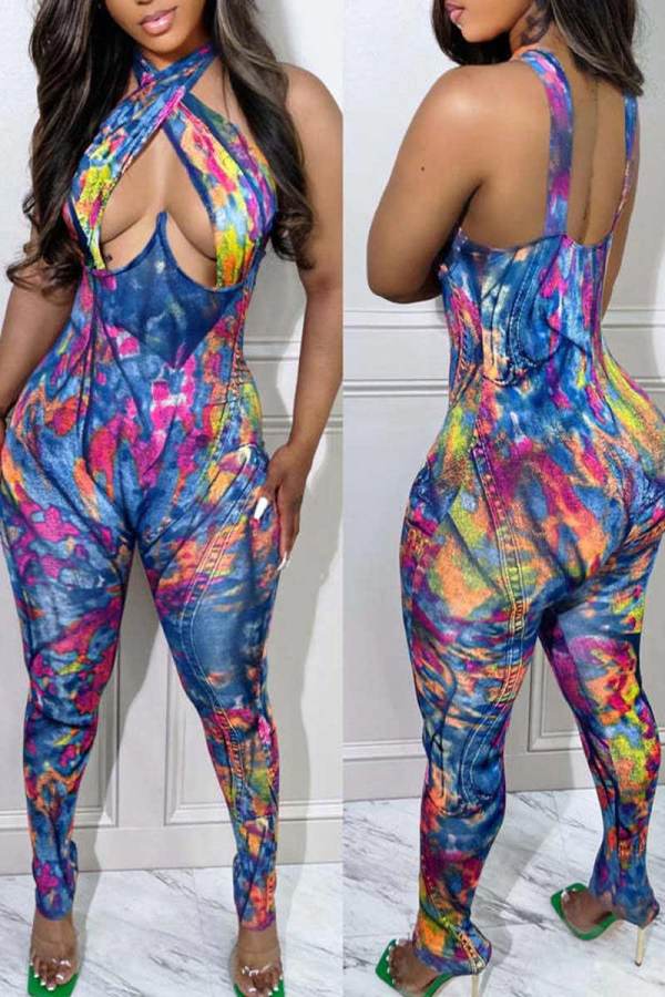 Multicolor Sexy Print Hollowed Out Patchwork Spaghetti Strap Skinny Jumpsuits