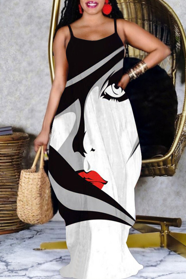 Black White Sexy Casual Print Backless Spaghetti Strap Long Dress