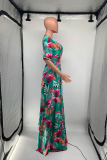Green Casual Print Patchwork V Neck Waist Skirt Dresses