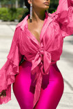 Rose Red Fashion Casual Solid Bandage Patchwork Buckle Asymmetrical Turndown Collar Tops