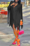 Blue Fashion Casual Solid Tassel Patchwork V Neck Straight Dresses