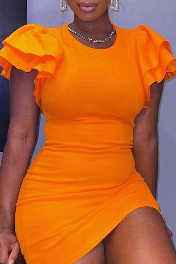 Tangerine Sweet Solid Patchwork Flounce O Neck Pencil Skirt Dresses
