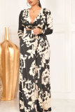 Black Red Fashion Casual Print Patchwork V Neck Long Sleeve Two Pieces