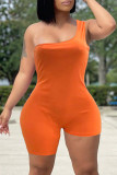 Orange Sexy Casual Solid Asymmetrical One Shoulder Skinny Romper
