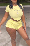 Yellow Casual Solid Embroidered Patchwork Asymmetrical O Neck Short Sleeve Two Pieces