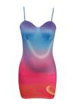 Red Blue Sexy Gradual Change Print Patchwork Spaghetti Strap Sling Dress Dresses