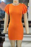Tangerine Sweet Solid Patchwork Flounce O Neck Pencil Skirt Dresses