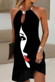 Black Fashion Casual Print Hollowed Out Patchwork O Neck Sleeveless Dress