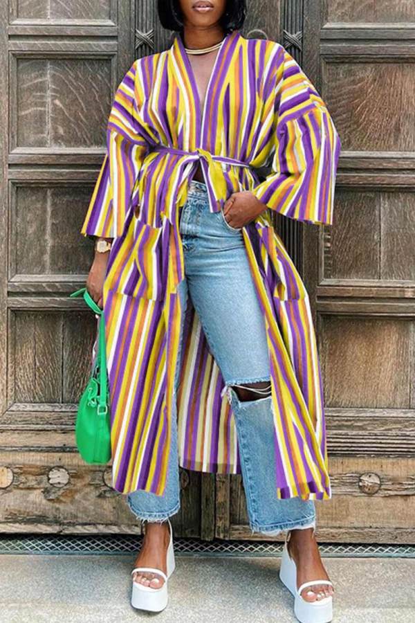 Purple Fashion Casual Striped Print Bandage Patchwork Outerwear