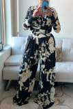 Black Red Fashion Casual Print Patchwork V Neck Long Sleeve Two Pieces
